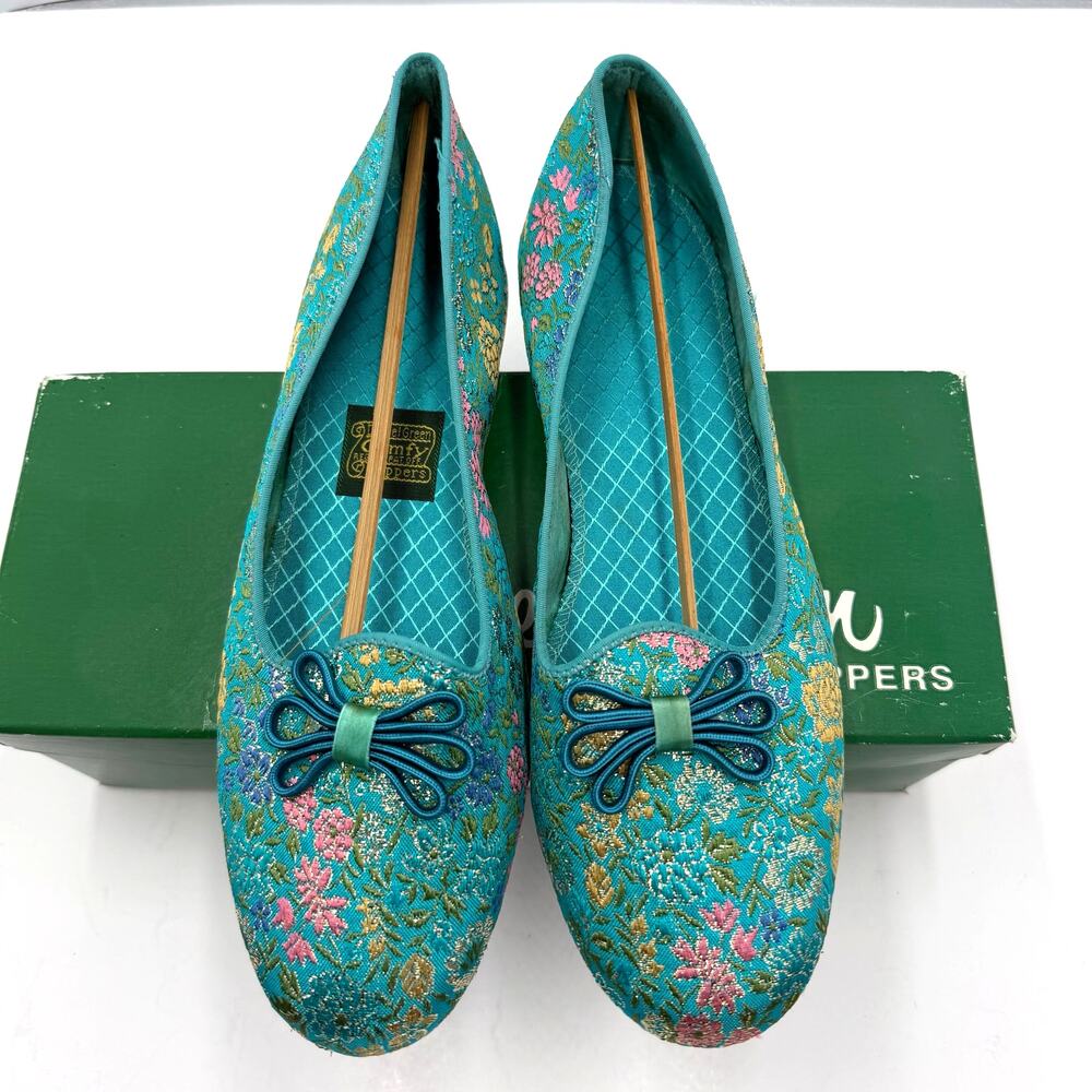 Vintage Daniel Green Brocade Lotus Comfy Slippers USA with Box Size 8